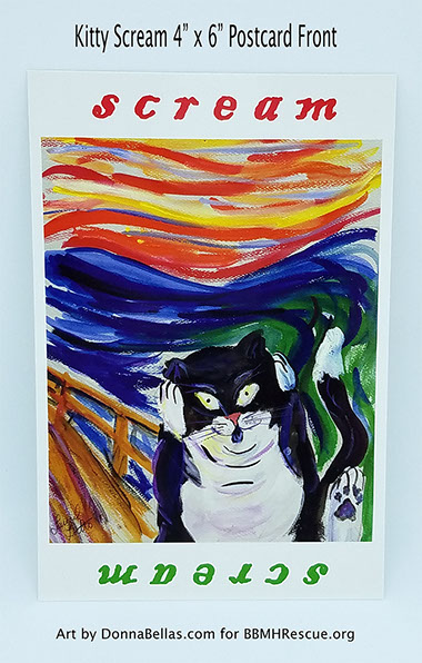 Painting "Kitty Scream" features a black and white cat in a scream on a bridge - spoof on Edvard Munch's "The Scream"